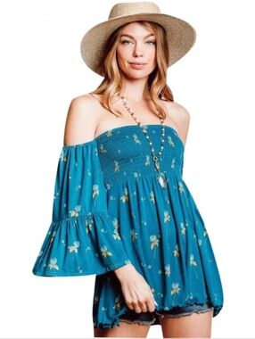 Free People Lana Off Shoulder Tunic Top Floral Sz Small